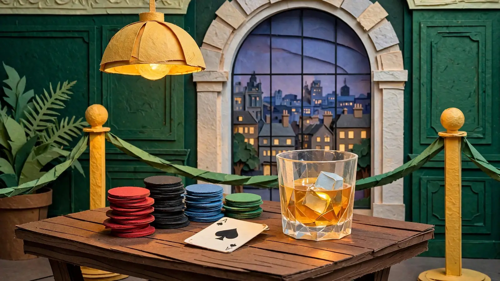 Elegant London casino lounge with chips and cards on a wooden table at dusk.