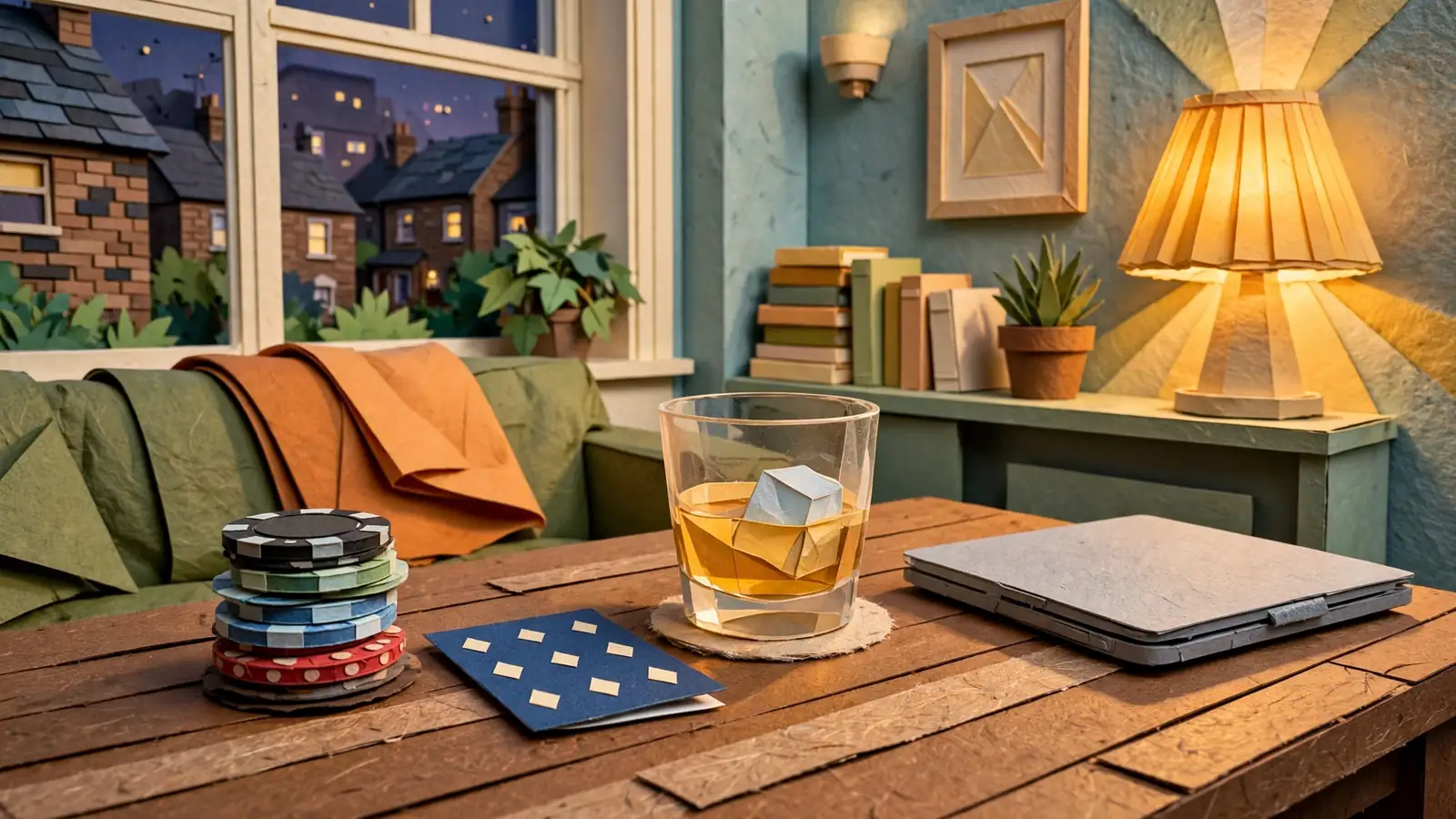 Casino chips and a face-down card on a wooden table in a warm UK home lounge