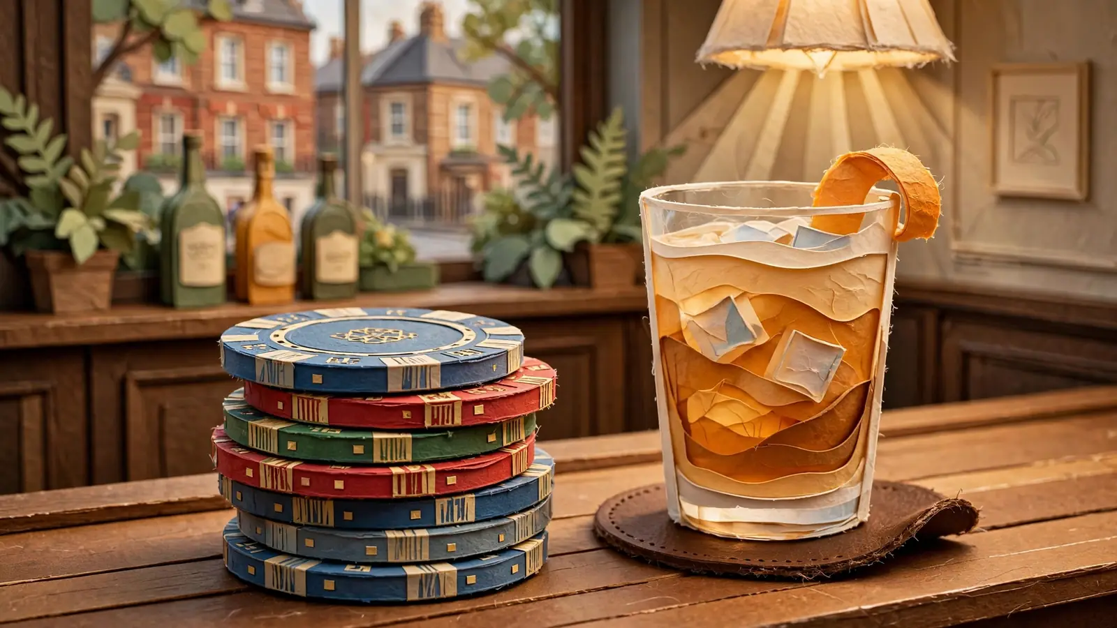 Casino chips and a drink on a wooden bar counter