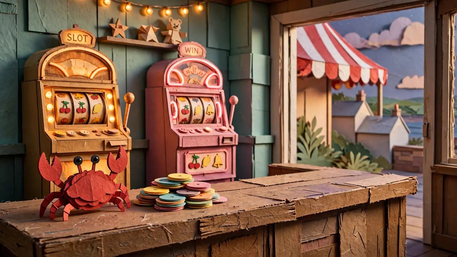 Stylized red crab figurine beside casino chips in a British seaside arcade with neon lights.