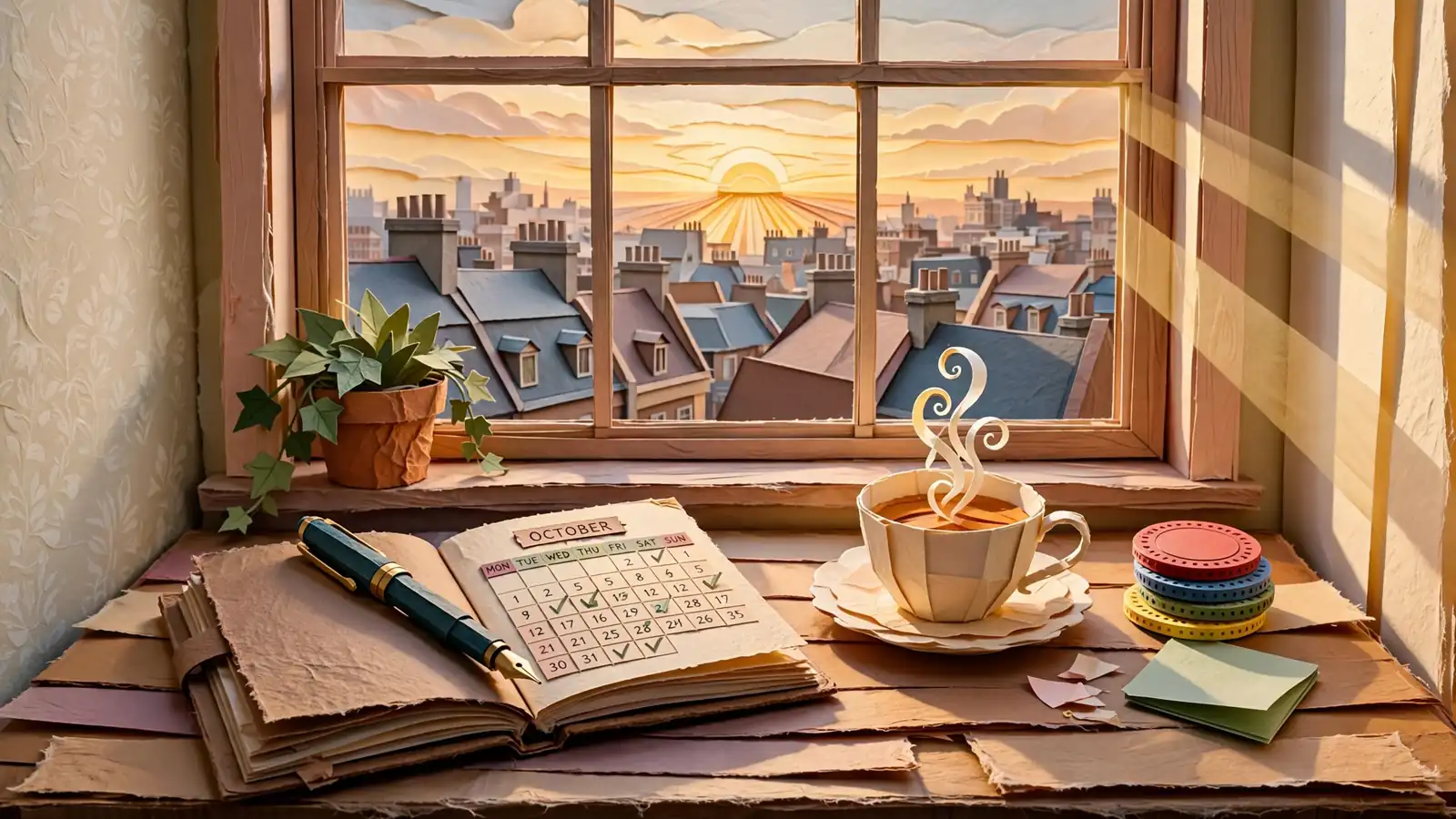 London rooftop view from a desk with calendar notebook, teacup, and casino chips.