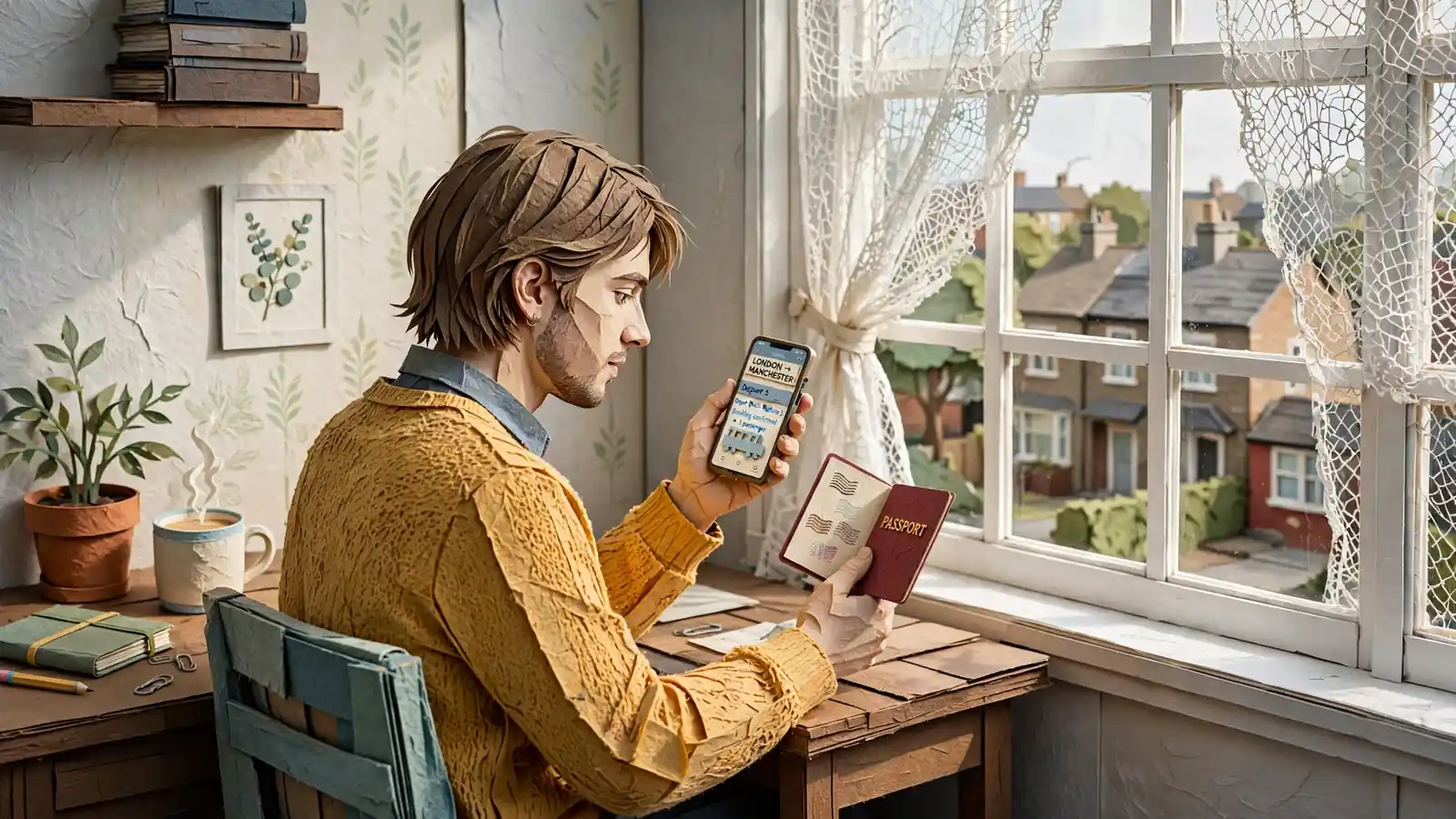 Person at a desk holding a passport and a smartphone, considering online account registration.