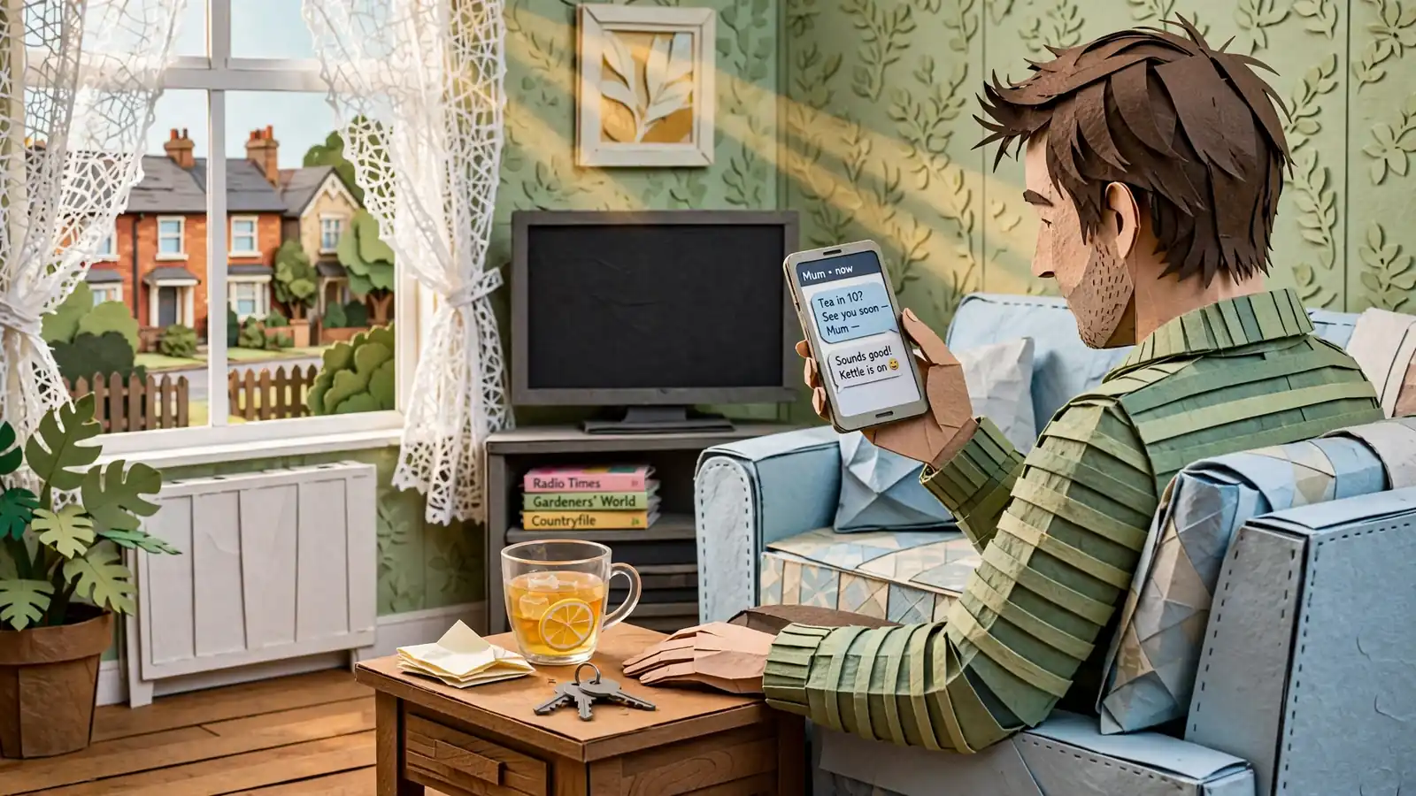 Person in a British living room using a smartphone with an SMS message.