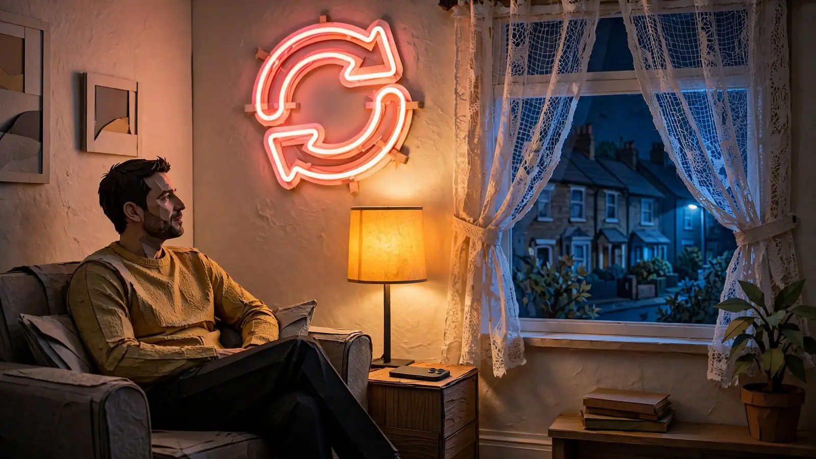 British living room with a face-down phone and a glowing slot-themed neon sign on the wall