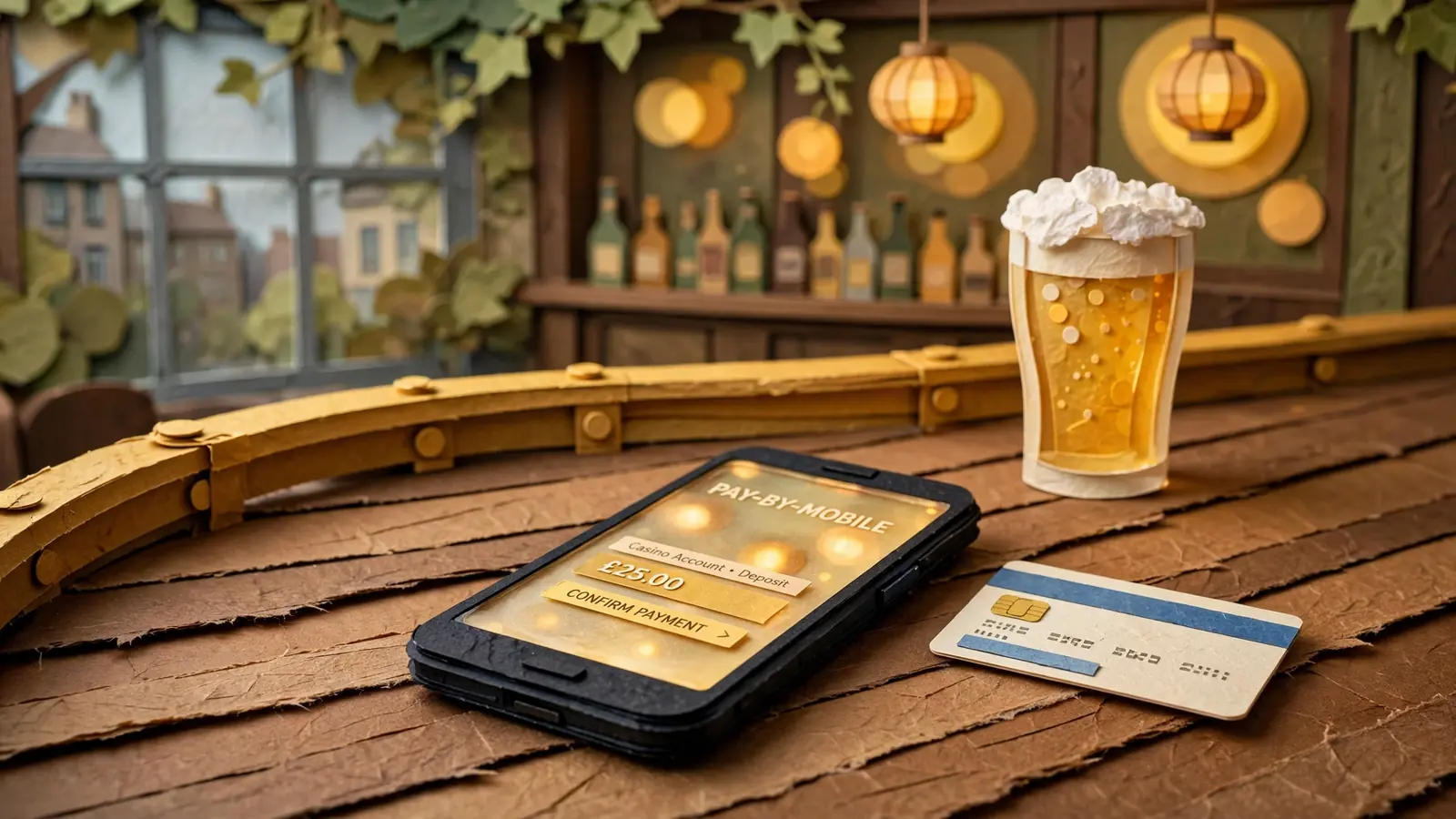Smartphone on a wooden pub table in a traditional British pub, beside a card and pint of beer.