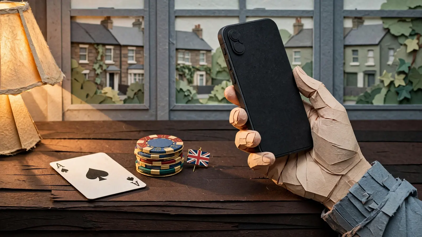 Hand holding a smartphone next to casino chips on a wooden table