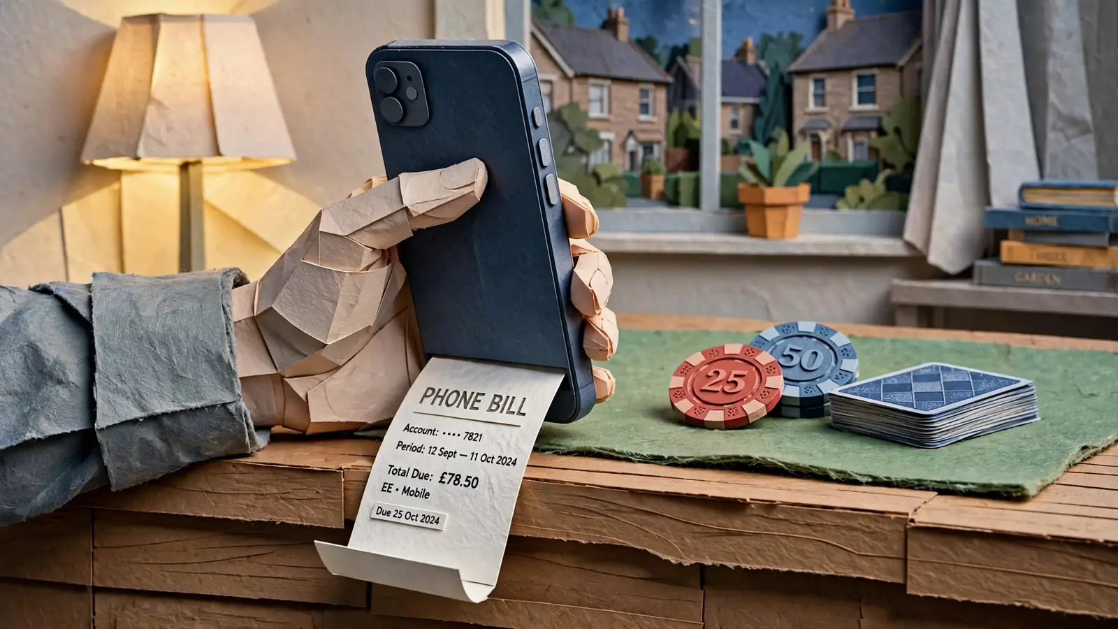 Hand holding smartphone over casino chips and cards on a table.