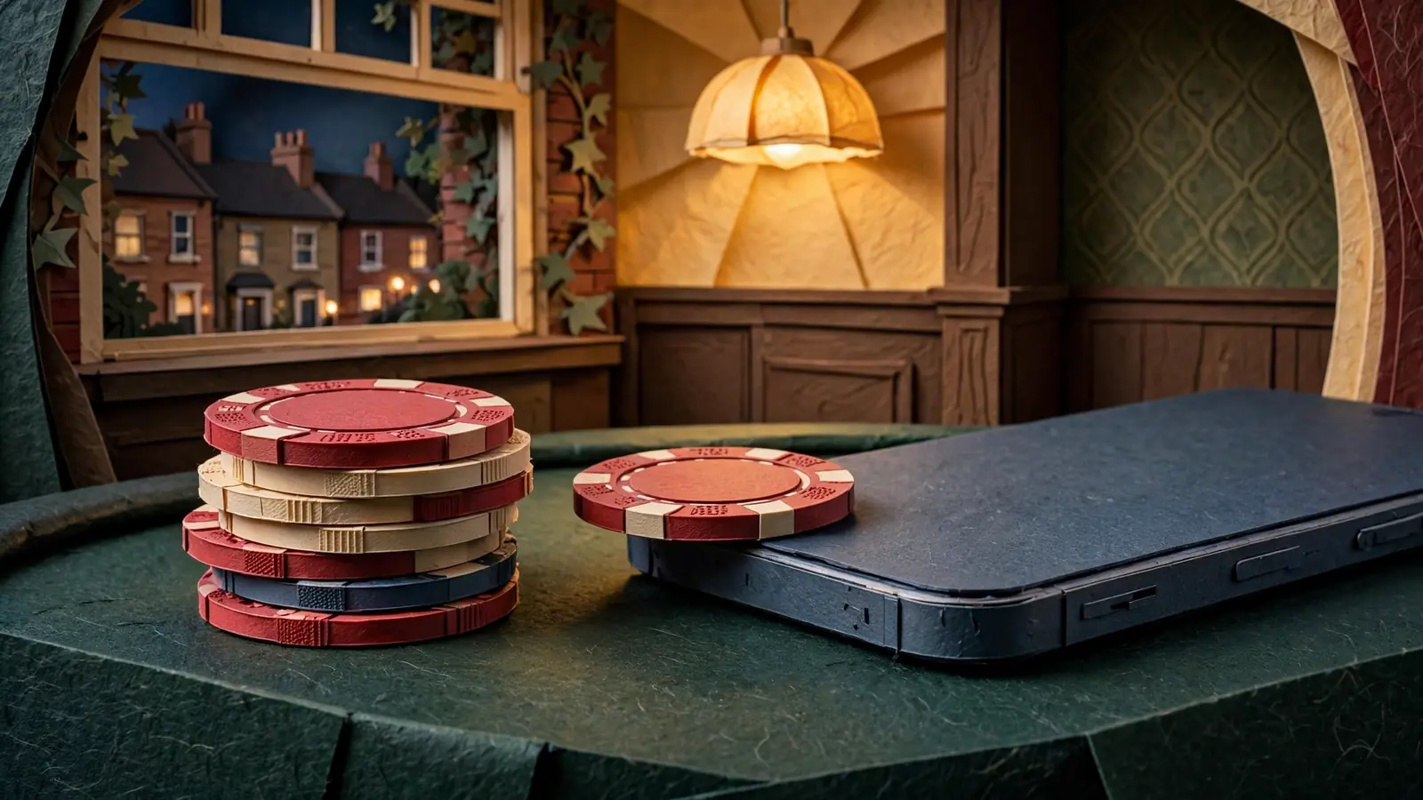 Mobile phone on a casino table with chips