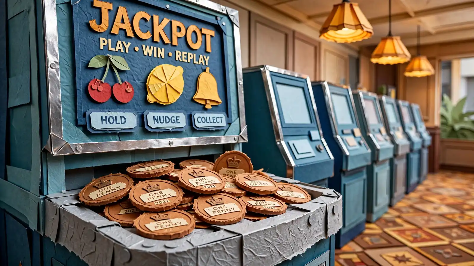 British penny coins on a slot machine tray inside a UK betting shop.
