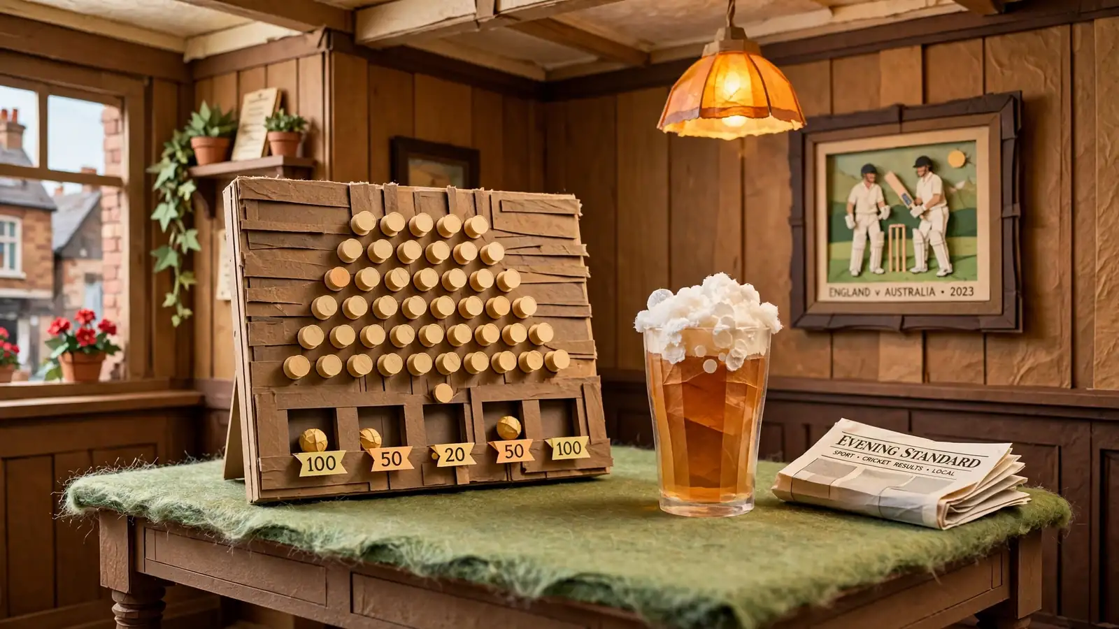Wooden Plinko board on a pub table in a traditional London interior