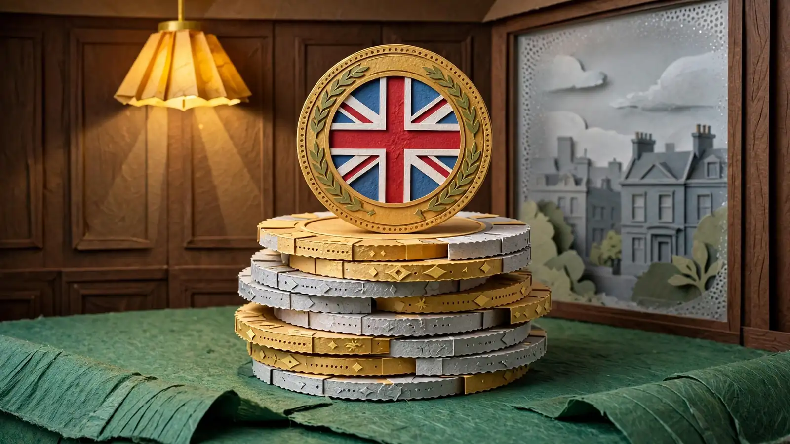 Stacked casino chips with a Union Jack token in a British gaming lounge.