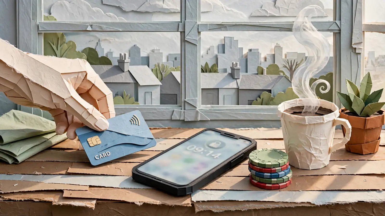 Hand tapping a card near a phone, chips, and coffee on a table