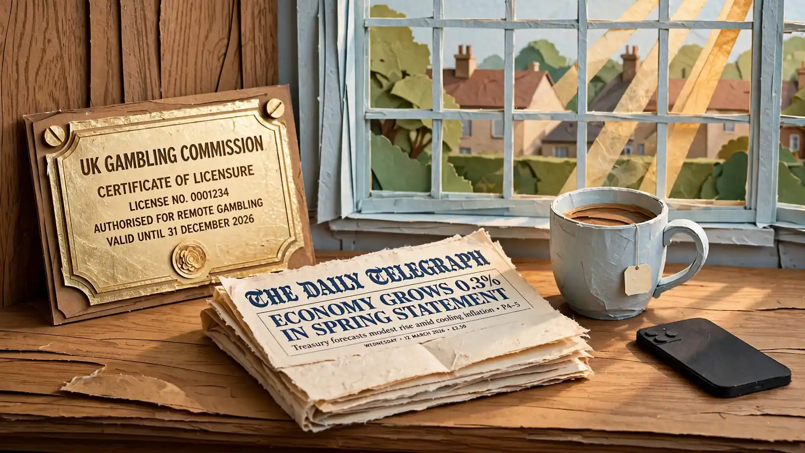 Brass regulatory plaque on oak desk with British newspaper and tea mug.