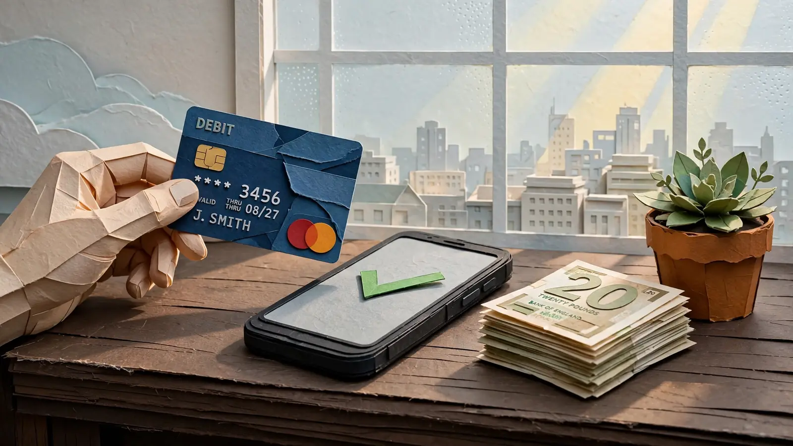 Hand with UK bank card and smartphone showing a successful payout on a wooden desk.