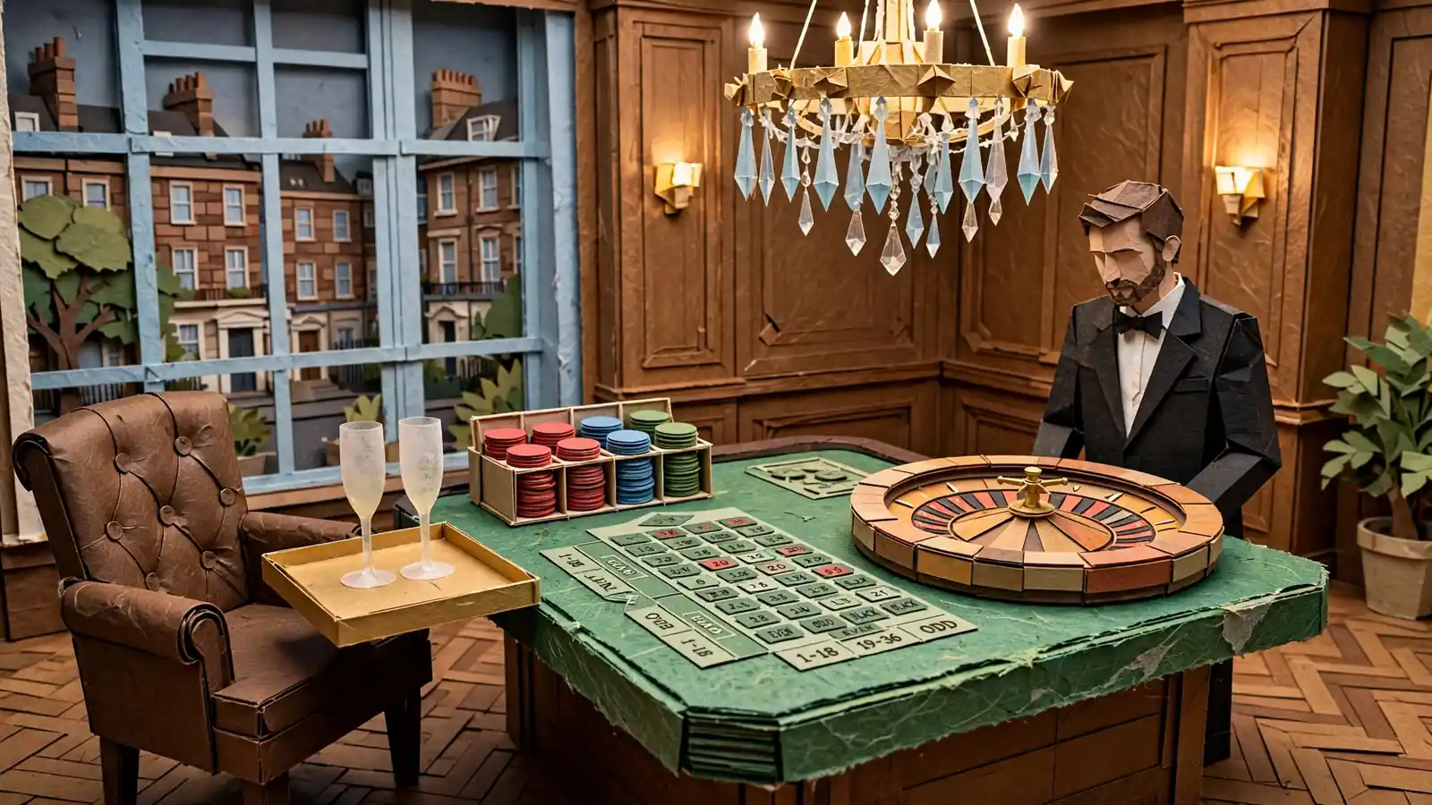 Elegant London casino lounge with roulette table and chandelier
