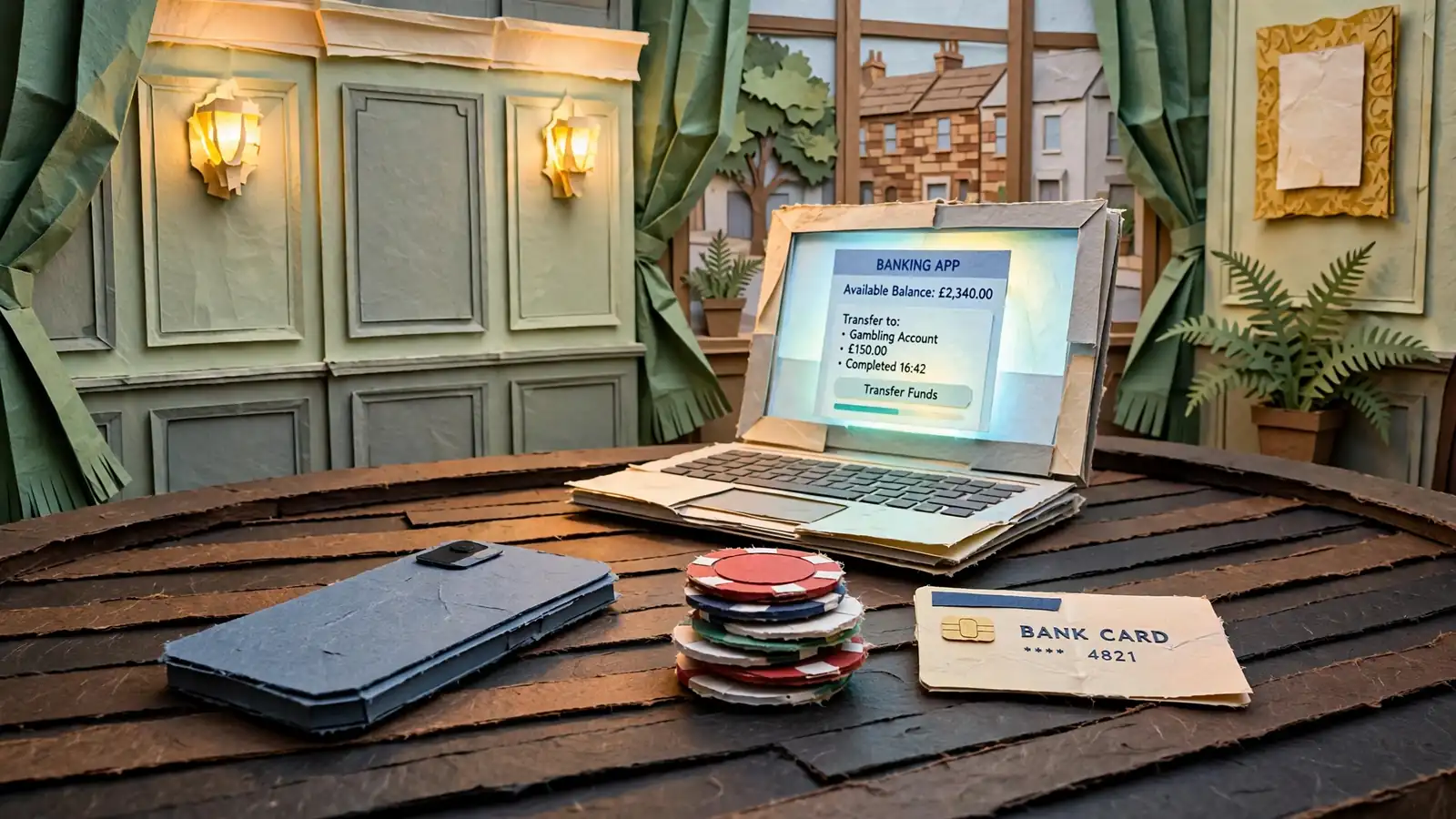 Smartphone on casino table with chips and bank card nearby