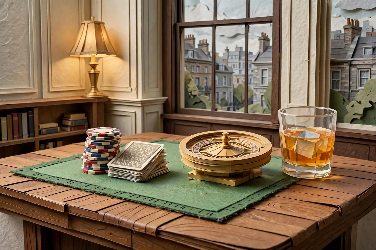 British club table with chips, cards, roulette wheel and whisky