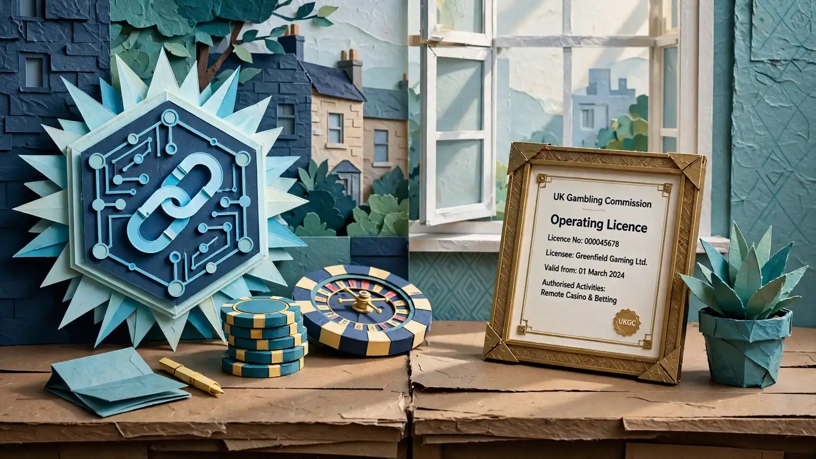 TRON emblem with casino chips beside a UK gambling licence on a desk