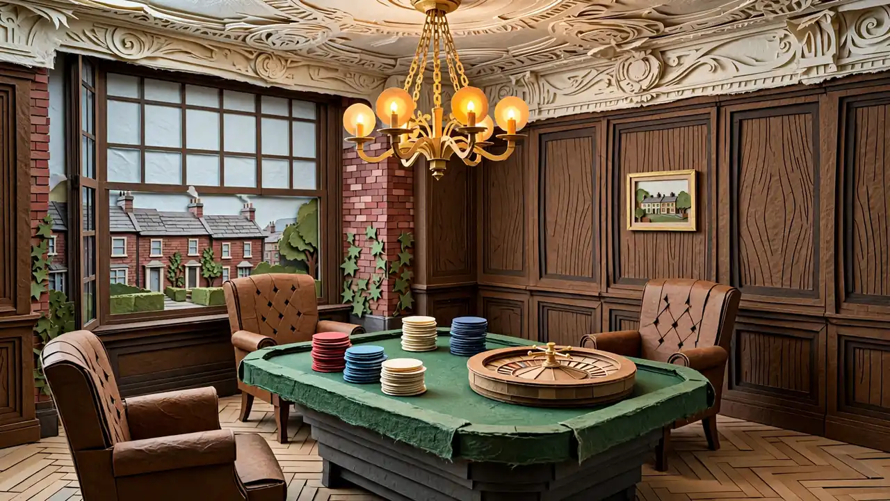 Elegant British casino lounge with wood paneling, gaming table, and roulette wheel