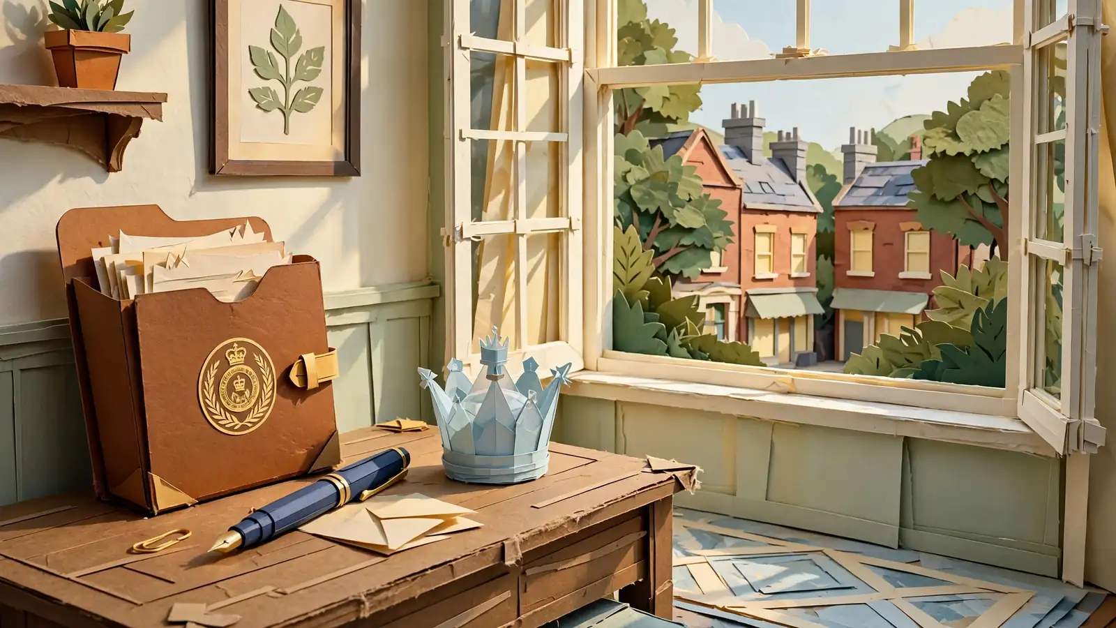 British desk by a sash window with official documents and a crown paperweight