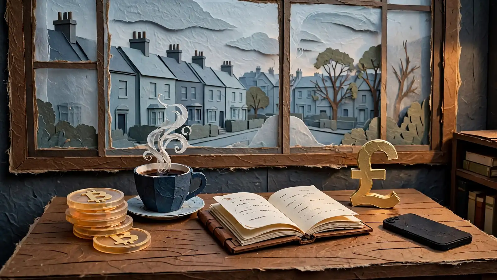 Bitcoin tokens, tea, and a pound-sign paperweight on a London study desk.