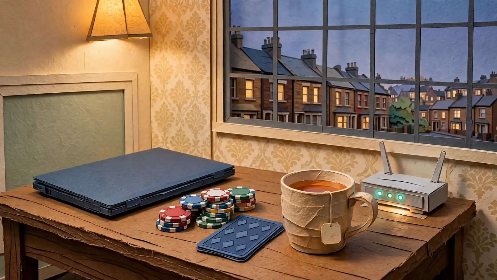 Closed laptop, casino chips, and a Wi-Fi router on a table in a British home.