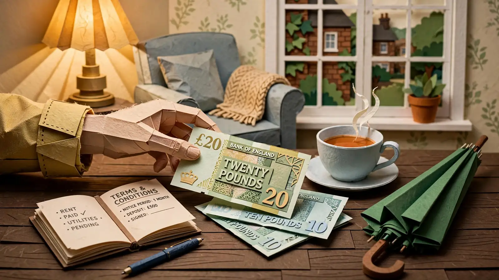 Hand reaching for pound notes beside teacup and notebook on a wooden table