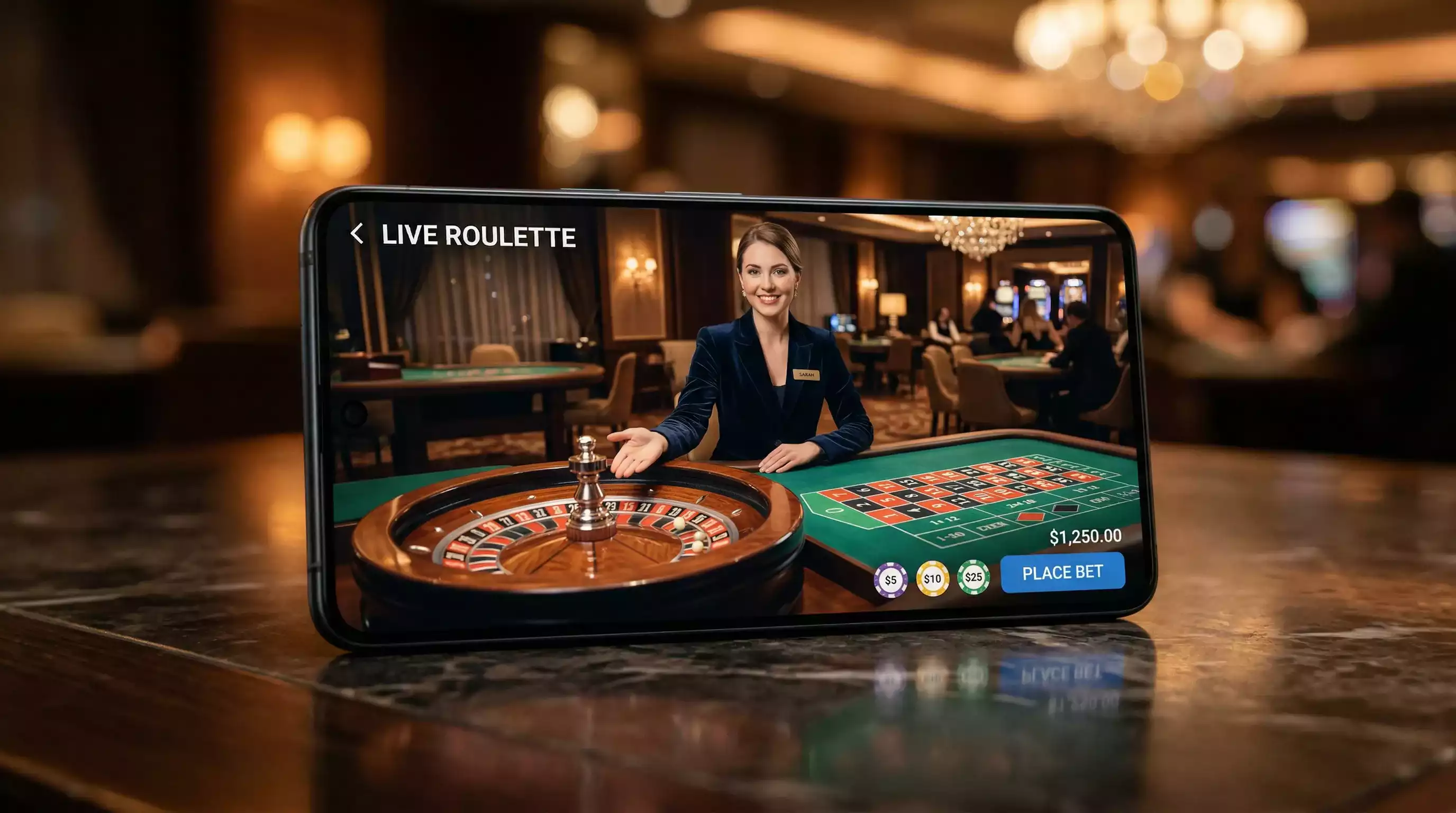 Live casino dealer at roulette table streamed to Android smartphone