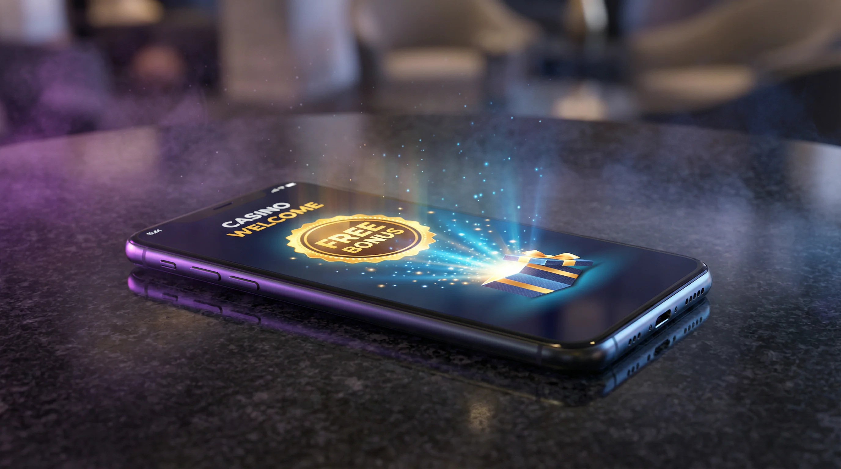 Smartphone displaying free bonus offer on casino app without deposit