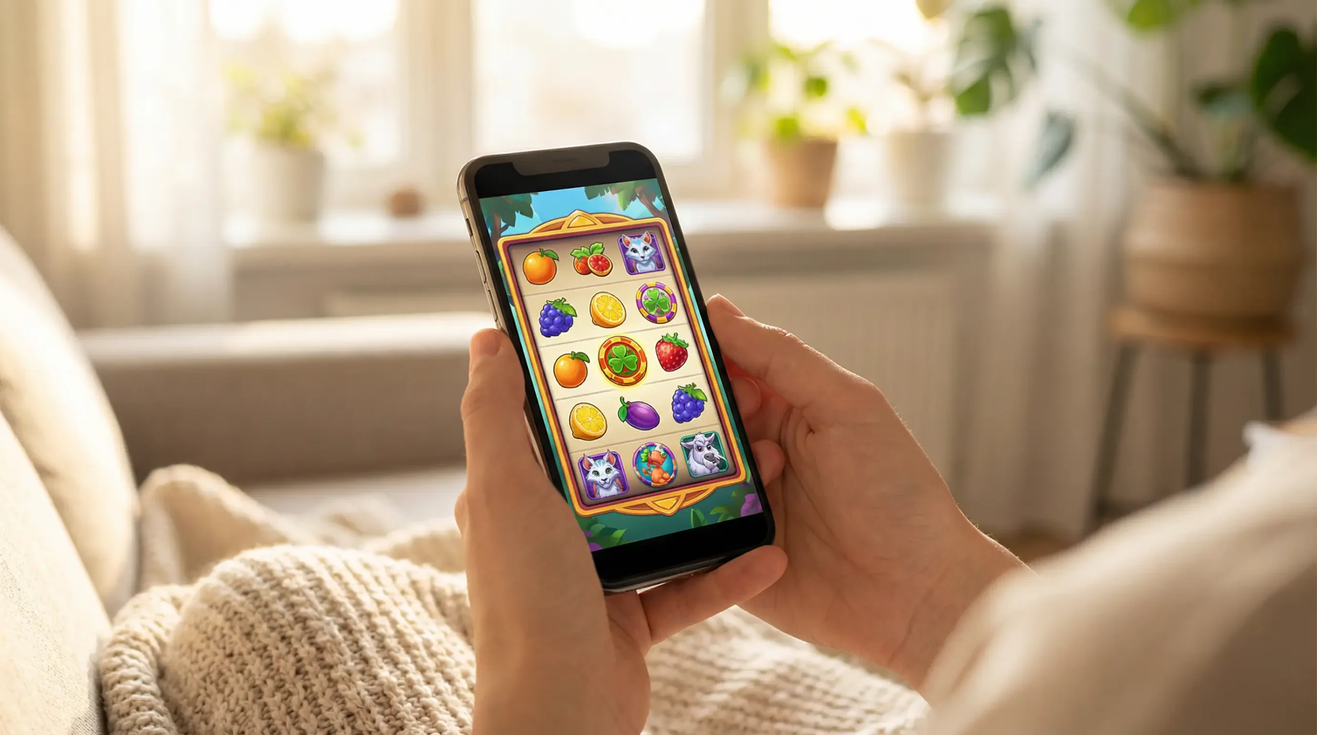Person using Android smartphone with casino app interface showing slot games