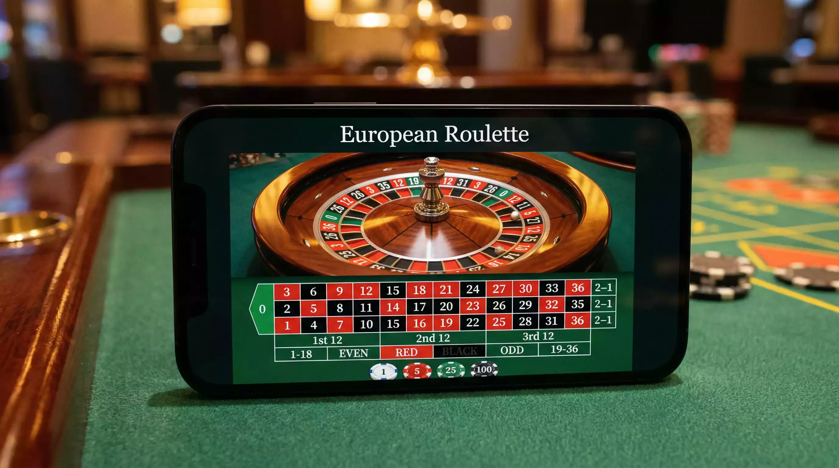 European roulette wheel and betting table on Android casino app